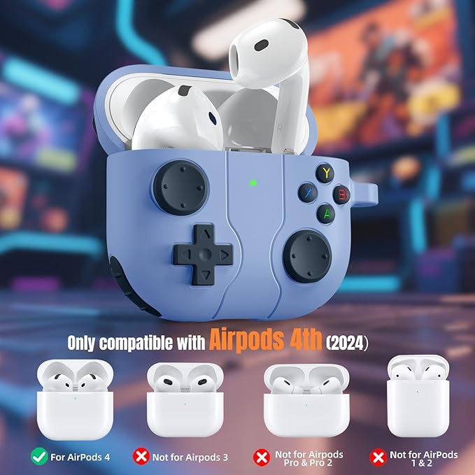 Getino Game Case for AirPods 4 2024 Cover with Cleaner Kit, Keychain, Compatible with Apple Airpods 4 Case Covers, Cute Funny Shock-Proof Protective Silicone AirPod 4 Cases for Men Boy-Lilac