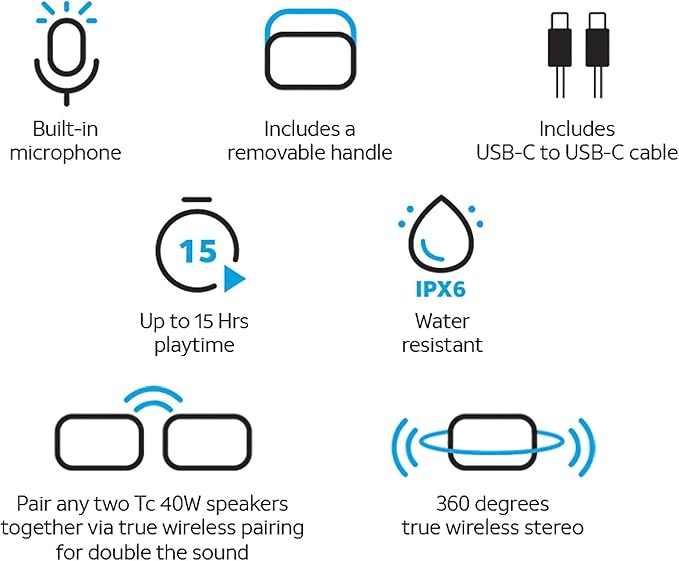 AT&T Essentials 40W Portable Bluetooth Speaker – IPX6 Waterproof, Wireless Dual Pairing, 15H Playtime, Removable Strap/Handle – Home/Kitchen/Outdoor Use (Black)