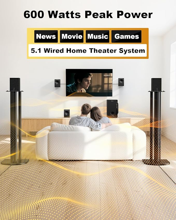 Bobtot Home Theater Systems with 5.25 inch Subwoofer, 5.1 Wired Satellite Surround Sound Speakers, 600 Watts Peak Power Deep Bass Audio Stereo System with FM Radio Bluetooth AUX DVD USB SD Input
