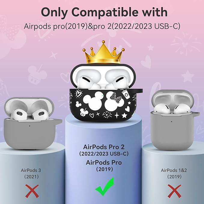 Compatible with Airpods Pro 2nd/1st Generation Case Cover with Keychain, Women Men Soft Silicone Two-Tone Cute Cartoon Engraved Convenience Protective Case, Front LED Visible Black/White