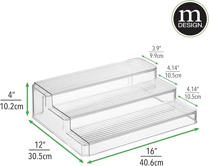 mDesign Plastic Spice/Food Kitchen Expandable Cabinet Shelf Organizer, 3 Tier Storage, Compact Caddy Rack for Cupboards, Refrigerator Holds Spices/Herb Bottles - Lumiere Collection - 2 Pack - Clear