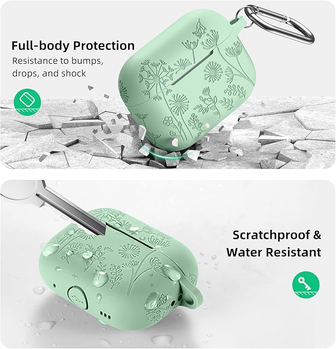 Lerobo Flower Engraved Cover for Airpod Pro 2 Case, Cute Silicone Skin Full Protective Cover Compatible with Apple Airpods Pro 2nd/1st Generation Case with Keychain