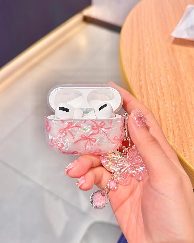 Compatible with AirPods Pro 2 Case Cute, Shell Pattern Shockproof Protective Cover for Girls Women with Butterfly Keychain Designed for AirPod Pro 1st / 2nd Generation, Pink Bow
