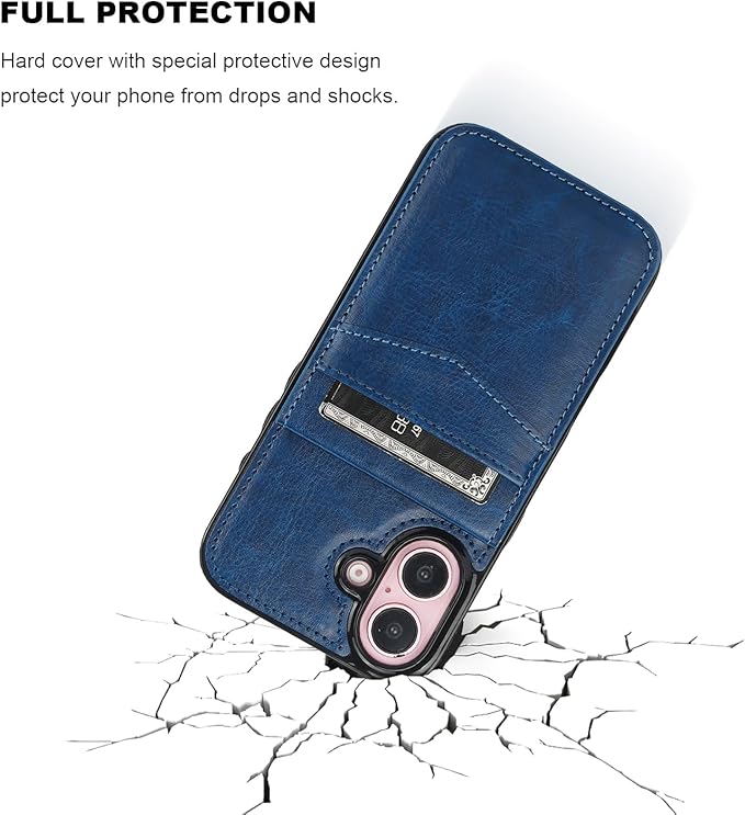 KIHUWEY Compatible with iPhone 16 Case Wallet with Credit Card Holder, Flip Premium Leather Magnetic Clasp Kickstand Heavy Duty Protective Cover for iPhone 16 6.1 Inch (Blue)