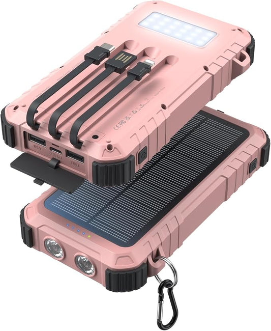 Power-Bank-Solar-Charger 45800mAh Fast Charging with 3 Built-in Cables LED Flashlight Portable External Battery Pack Compatible with All Smartphone, Tablet, Drone, Camera, etc.