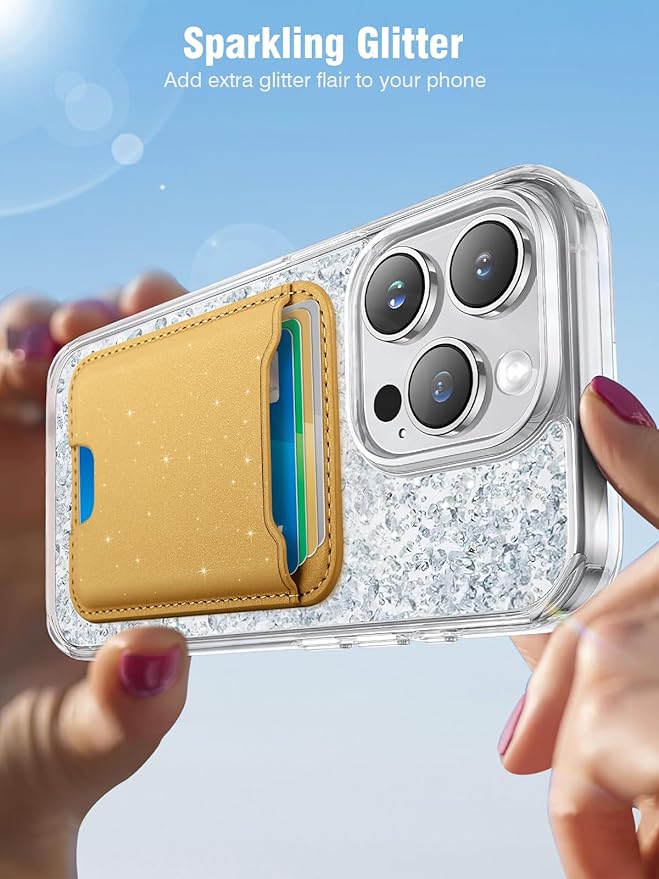 TopMade for Magsafe Wallet, Sparkle Magnetic Card Holder for iPhone 17, 16, 15, 14, 13, 12 Series, Leather RFID Blocking, Fit 4 Cards, Glitter Yellow