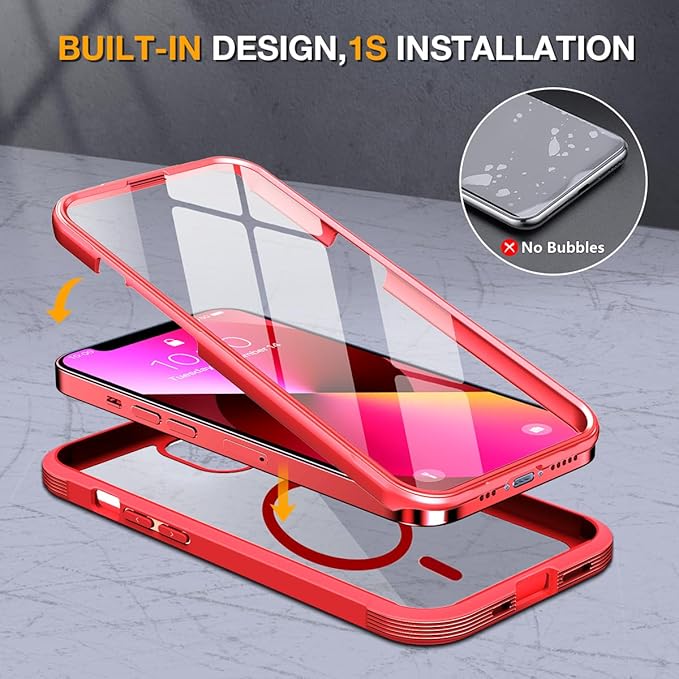 Miracase Magnetic Case for iPhone 13 Mini 5.4 Inch,with MagSafe,Built in Screen Protector,Full Body Protection(Red)