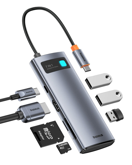 Baseus USB C to HDMI Adapter, 4K@60Hz USB C Docking Station, 7 in 1 USB C Hub with 3 USB-A, PD 100W, TF/SD Card Reader, Compatible for iPhone 15/Mac/Dell/Acer/HP/ASUS/Steam Deck/Rog Ally
