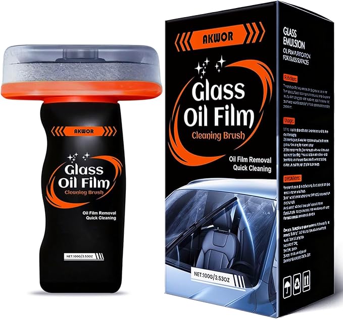 Glass Cleaner Oil Film Remover, Car Windshiled Cleaning Tool -100ml Glass Emulsion Cleaner with Scrub Pad, Removes Grease Smudges Water Spots, Restores Clarity for Rain & Fog Driving
