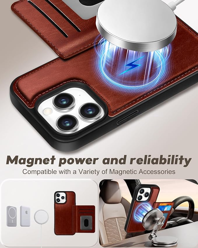 for iPhone 11 Pro Max Case with Wallet - Fits 4 Card Slots, Compatible with MagSafe for Women Men Durable PU Leather Credit Card Holder Kickstand Phone Cover for Apple 11 Promax, Brown