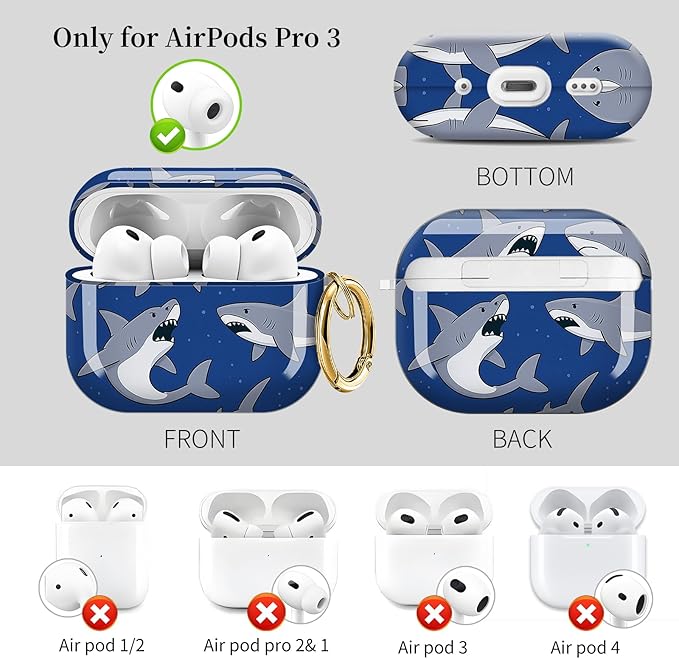 for AirPods Pro 3 Case, Compatible with AirPods Pro 3rd Generation Case (2025), Shockproof Protective Cover with Golden Carabine (Luxury Ocean Shark Blue)