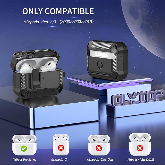 for Airpods Pro 2/1 Gen Case Cover with Lock&Phone Stand (2019/2022/2023), Rugged Case for Airpod Pro 2nd/1st Generation Shockproof Armor Protective Skin for Apple iPod Pro, Black