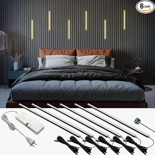 HAMRVL Black LED Recessed Lighting Kit - 6 Pcs 16in DC12V White LED Light with Smart Switch, 3000k Self-Adhesive Wall Panel Lights for Wood Slat Wall Panels, Headboards, Stairs, Under Cabinet Lighting