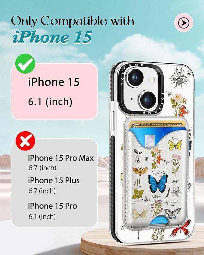 Toycamp for iPhone 15 Case - Compatible with Magsafe with Credit Card Holder Wallet Magnetic Cute Women Teen Girls Kawaii Girly Unique Design Pretty Butterfly Phone Cover for Apple 15 6.1"