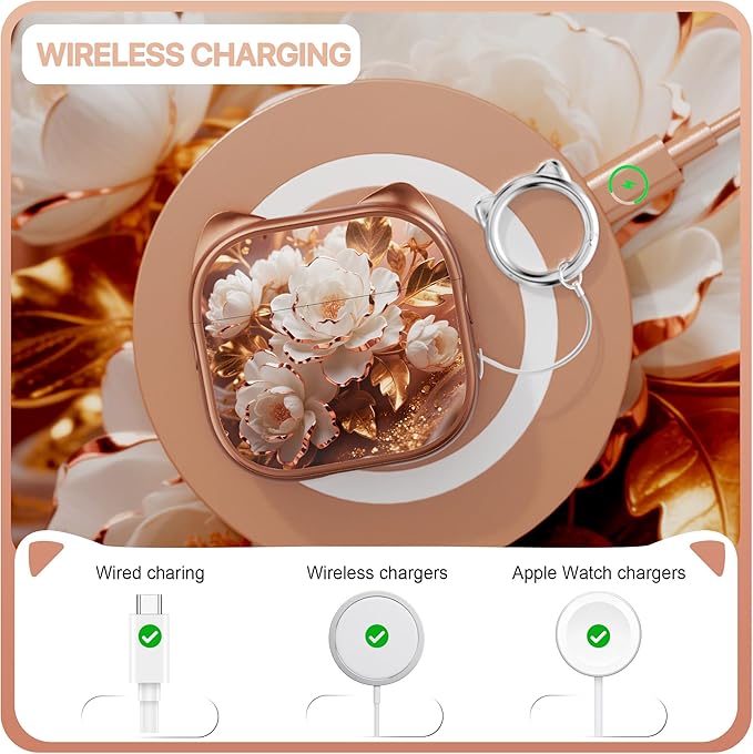 RFUNGUANGO AirPods 4 Case for Women Girly Cat Case with Lock, Phone Stand, Keychain & Cleaner Kit, Compatible with Apple Airpods 4th Generation Case Cover, Rose Gold Peony
