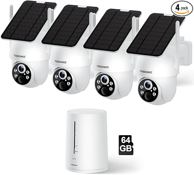 Solar Security Cameras Wireless Outdoor System, 4 Camera Kit, 360° Pan & Tilt, 2K QHD Cameras for Home Security, 64GB Homebase Local Storage, 5G & 2.4G WiFi