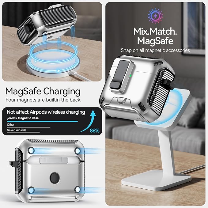 for AirPods 4 Case (2024) with Phone Stand,（with Automatic Snap Switch） Carbon Fiber Design Protection Cover with Cleaning Pen,Silver