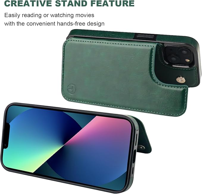 ONETOP Compatible with Magsafe for iPhone 13 Wallet Case with Card Holder, PU Leather Kickstand RFID Blocking Case, Double Magnetic Clasp and Durable Shockproof Cover 6.1 Inch (Green)
