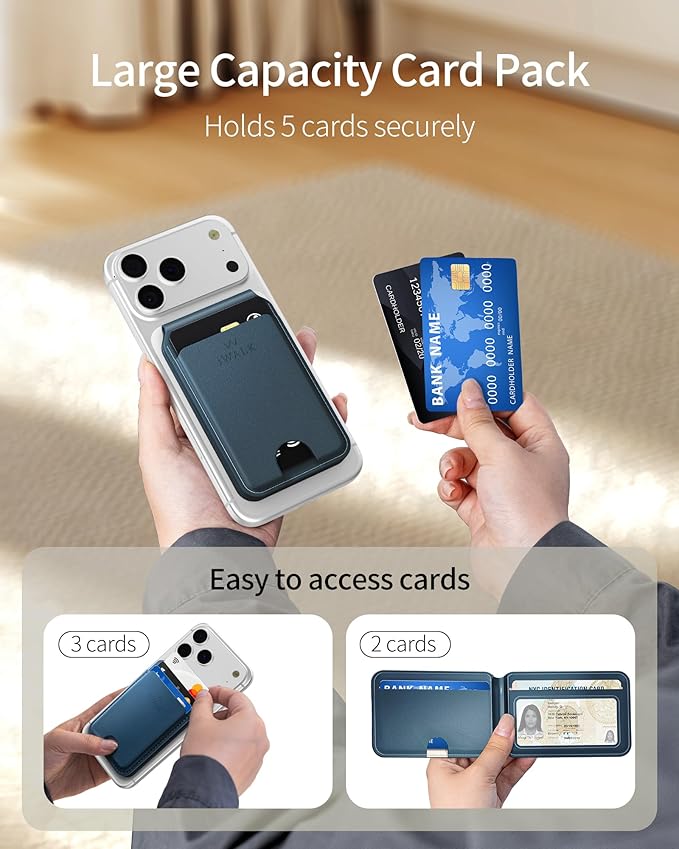 iWALK Stronger Magnetic Wallet, Upgraded for MagSafe Wallet, RFID Blocking, 5 Card Holder with Adjustable Stand, Slim Leather Phone Wallets for iPhone 16/15/14/13/12 Series, iPhone Wallets Navy Blue