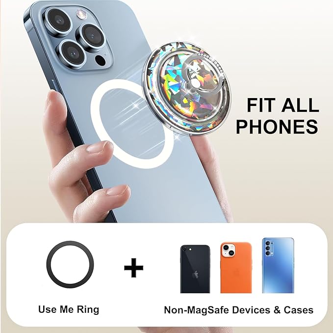 Transparent Magnetic Phone Grip Compatible with MagSafe Phone Ring Holder,360°Adjustable & Removable Silver Golden Diamond Laser Design Magnet Stand for Phones and Tablets
