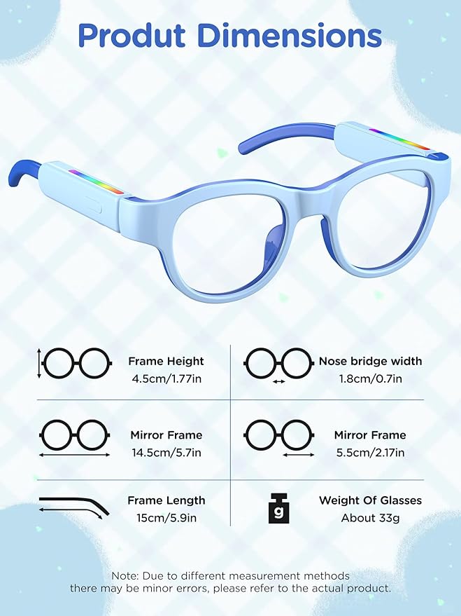 Kids Smart Glasses: UV400 Blue Light Glasses - Built-in Mic & Open Ear Bluetooth Speakers - 7-color RGB Light Strip - Voice & Touch Control - Works with iOS/Android for Kids 6-12 Gifts