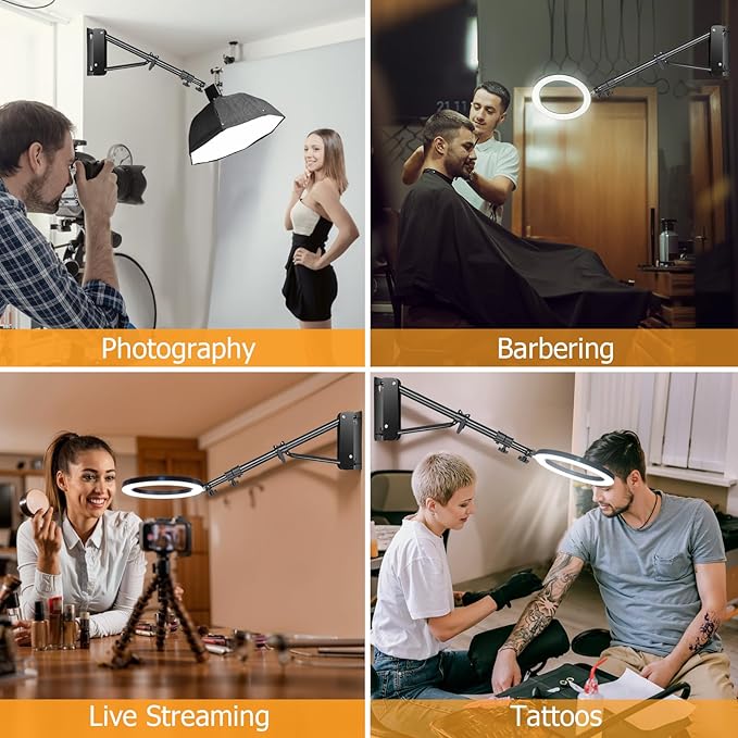 MACTREM Ring Light Wall Mount, 71.65’’/182cm Wall Mounting Triangle Boom Arm for Strobe Light, Photography, Softbox, Reflector,Umbrella,Studio Video Light, Support 180°Rotation