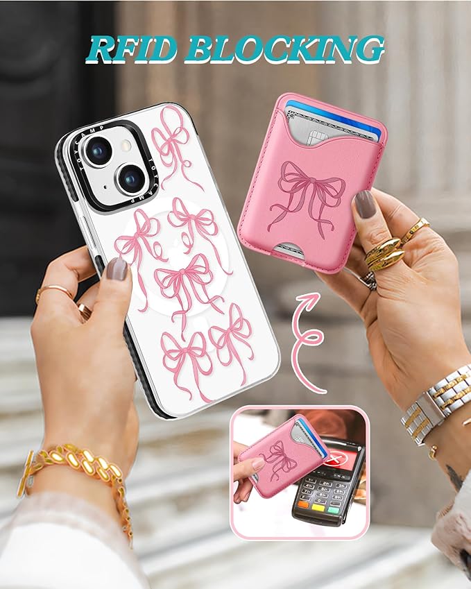 Toycamp for iPhone 15 Plus Case - Compatible with Magsafe Credit Card Holder Wallet Magnetic Cute Women Teen Girls Kawaii Girly Unique Bow Design Phone Cover for Apple 15 Plus 6.7"