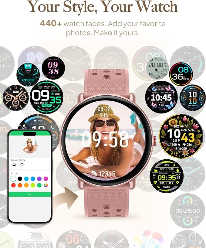 Smart Watch for Women Men, for Android iOS with Sleep & Calorie Monitor, Pedometer Fitness Tracker, Bluetooth Call, IP68 Waterproof, 112+ Sport Modes Round Face Smartwatch (Rose Taupe)