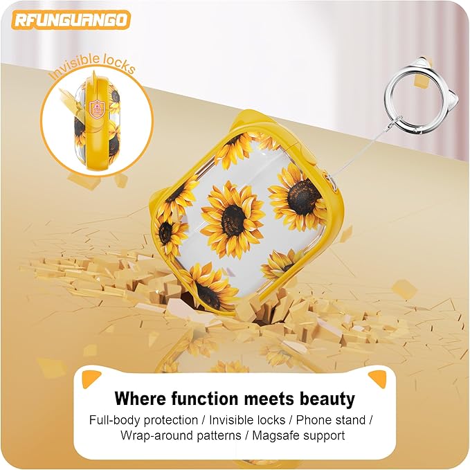 RFUNGUANGO AirPods Pro Case for Women Girly Cat Case with Lock, Phone Stand, Keychain & Cleaner Kit, Compatible with Apple Airpods Pro 2nd/1st Generation Case Cover, Transparent Sunflower