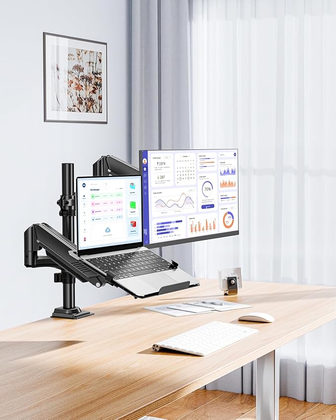 MOUNTUP Laptop and Monitor Desk Mount, Laptop Tray for Max 17" Notebook, Monitors Arm Fits up to 32" Monitor, Laptop Arm Holds 4.4-22lbs, 2-in-1 Tall Laptops Mount with Clamp/Grommet