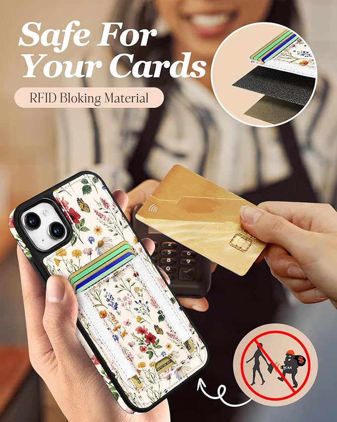 Shorogyt for iPhone 14 Plus Wallet Case - Fits 5 Cards, Compatible with Magsafe Detachable Magnetic Credit Card Holder Leather Cardholder Cute Phone Cover Women Girls for Apple 14Plus, Floral