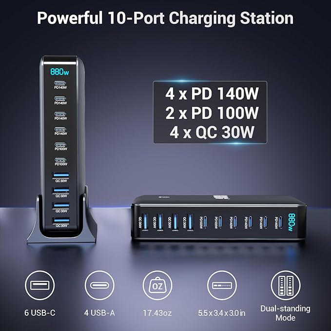 880W USB C Charger Block, 10-Port USB Fast Charging Station Hub, Desktop Charging Station for Multiple Devices for MacBook Pro/Air, DELL, iPad, iPhone, Samsung Galaxy