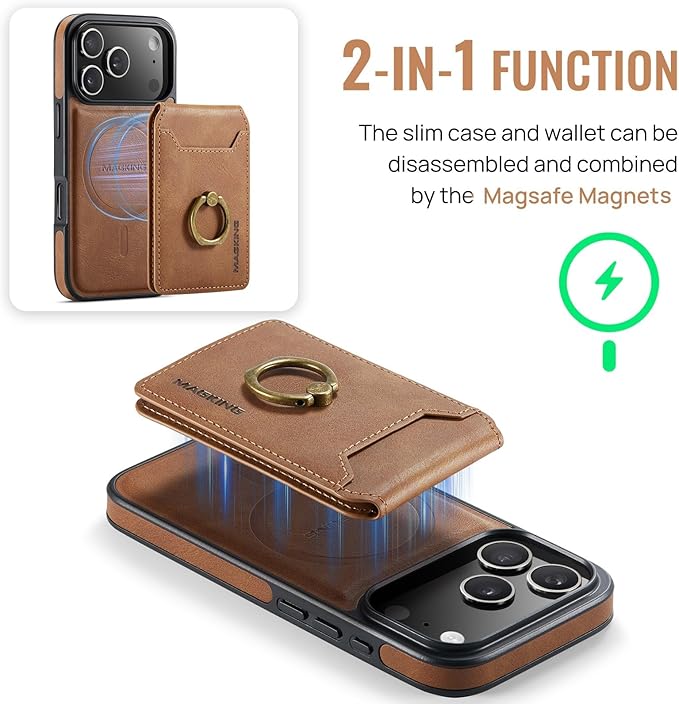 Wallet Case for iPhone 17 Pro, 2 in 1 Strong Magnetic Detachable, Shockproof Phone Case Compatible with MagSafe, Slim Leather Wallet RFID Blocking 5-Card Holder Ring Grip Stand (Brown)