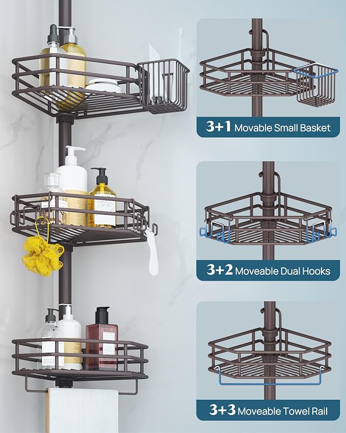 SEIRIONE Corner Shower Caddy Tension Pole, Adjustable Shower Organizer Corner with 4 Shelves, No Drilling Shower Shelf for Inside Shower, Shower Rack for Shower Storage,34 to 116 Inch Height,Bronze