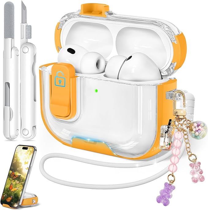 for Airpods Pro 3 Case 2025, Anti-Yellowing Clear Case for Airpods Pro 3 with Secure Lock & Phone Stand, Soft TPU Drop Protection Cover with Cleaning Kit (Yellow)