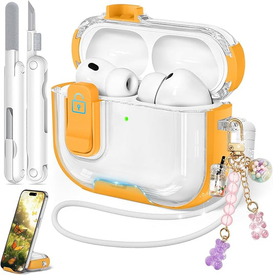 for Airpods Pro 3 Case 2025, Anti-Yellowing Clear Case for Airpods Pro 3 with Secure Lock & Phone Stand, Soft TPU Drop Protection Cover with Cleaning Kit (Yellow)