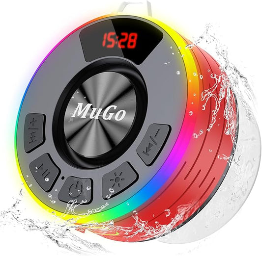 MuGo Shower Bluetooth Speaker Waterproof IPX7, 360° HD Stereo Sound Bathroom Speaker Bluetooth 5.3 with RGB Lights, Suction Cup and Microphone, Mini Shower Radio for Home/Party/Outdoor