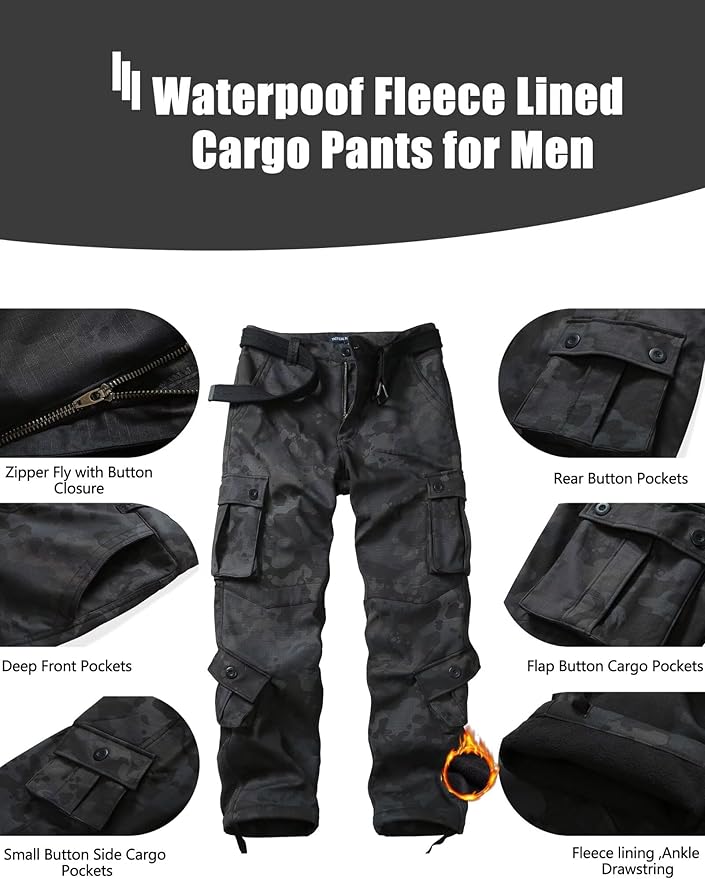 KOCTHOMY Men’s Fleece Lined Hiking Pants,Winter Outdoor Thermal Casual Work Cargo Pants with Multi Pockets, No Belt.