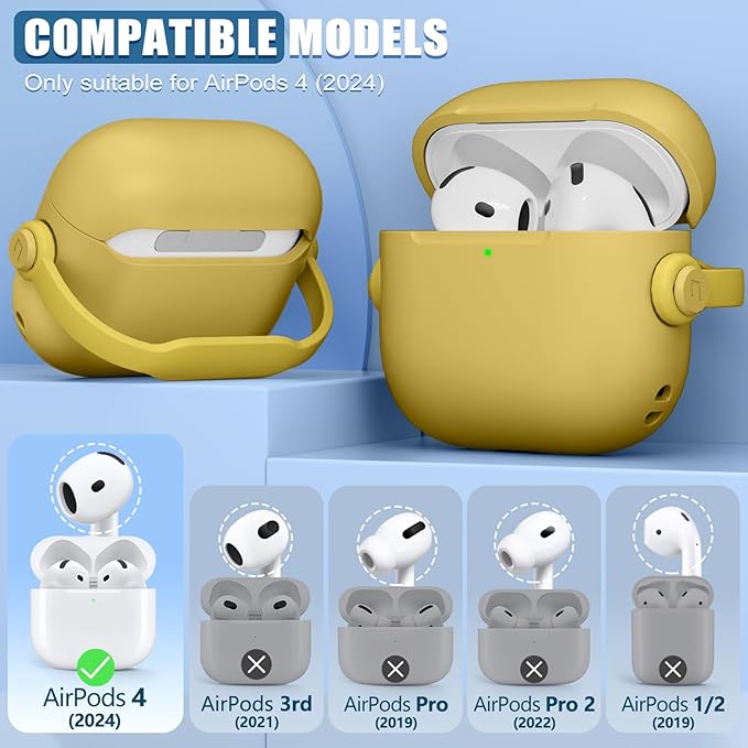 with Safety Lock for Airpods 4 Case, TPU Case for Apple Airpods 4 Case 2024 USB-C with Cleaner Kit, Drop Protection Airpods 4 Case Cover with Lock and Keychain, Lemon Yellow