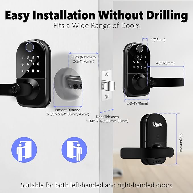 Fingerprint Smart Door Lock with Handle, Keyless Entry Door Knob with Digital Keypad, Electric Deadbolt Remote App Access & Doorbell, Digital Lock for Home, Office Matte Black