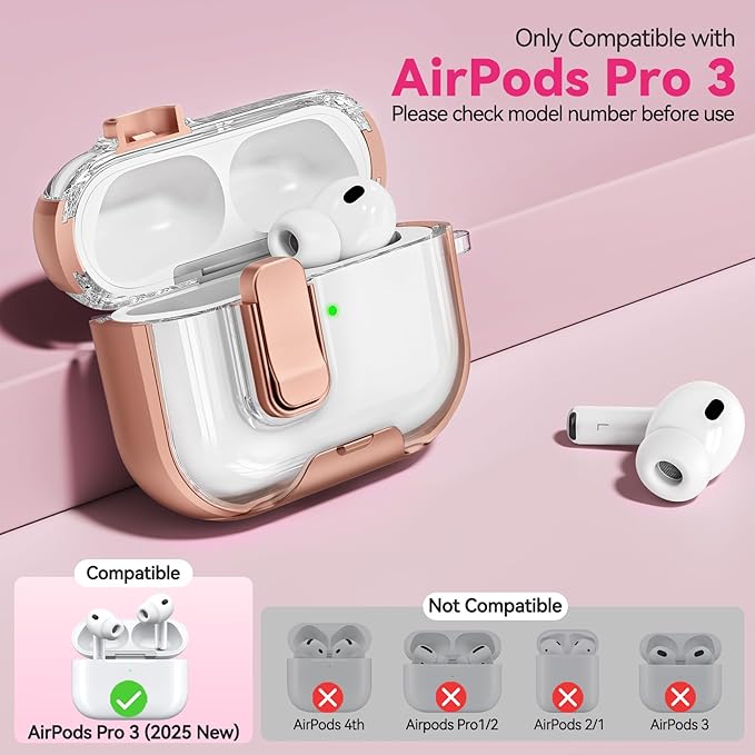for Airpods Pro 3 Case 2025, Anti-Yellowing Clear Case for Airpods Pro 3 with Secure Lock & Phone Stand, Soft TPU Drop Protection Cover with Cleaning Kit (Rose Gold)