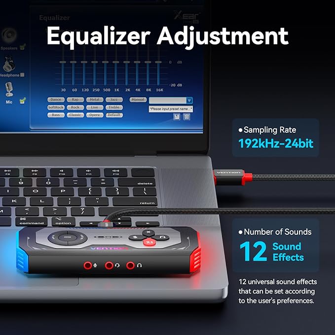 VENTION 7.1 Gaming DAC External USB Sound Card, 7.1 Virtual Surround Sound Blaster, 24bit/192KHz, RGB Light System, Gaming Audio Amplifier Compatible with PS5, PS4, Xbox, Nintendo Switch, PC, Headset