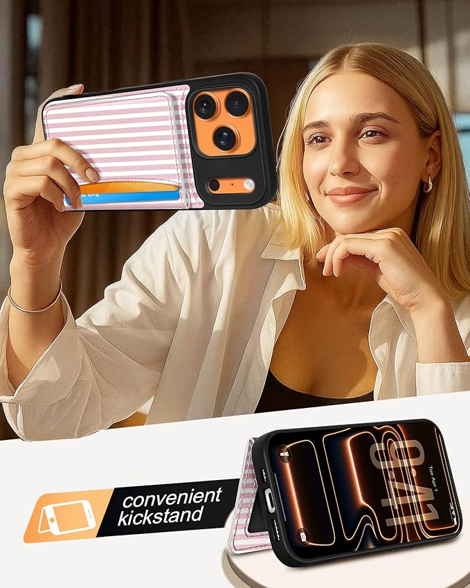 for iPhone 17 Pro Case with Wallet - Fits 4 Card Slots, Compatible with MagSafe for Women Aesthetic Durable PU Leather Credit Card Holder Kickstand Phone Cover for Apple 17 Pro, Stripes