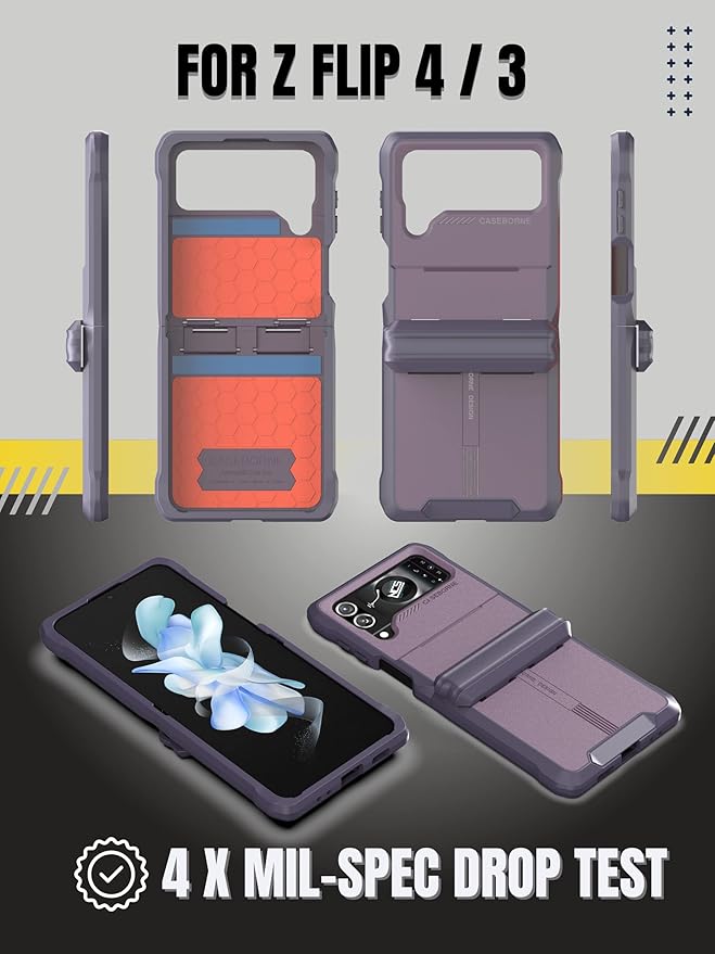 CaseBorne V Compatible with Samsung Galaxy Z Flip 4 Case/Flip 3 Case - Rugged Protective Case with Semi-Auto Hinger Cover, Full Body Multi-Layer Cover (Purple)