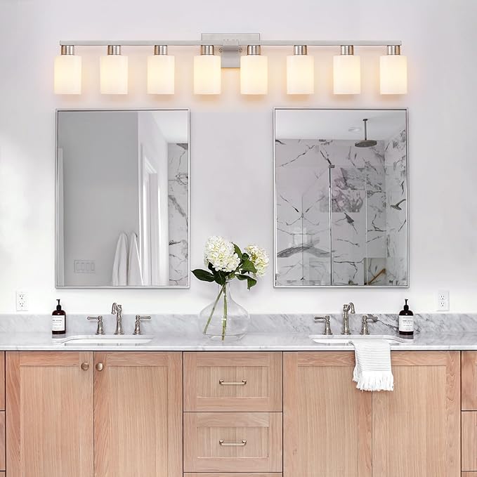 8 Light Bathroom Vanity Light, Brushed Nickel Bathroom Light Fixtures Over Mirror with Milky White Frosted Glass Shades, E26 Socket Modern Vanity Lights Wall Sconce for Bathroom Living Room Bedroom