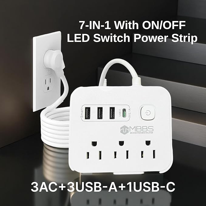 Surge Protector Power Strip with USB C, Heavy Duty Extension Cord – (7-in-1) 3 AC Outlets, 4 USB Ports, LED On/Off Switch – Compact & Travel Friendly – Home, Office. (5ft)