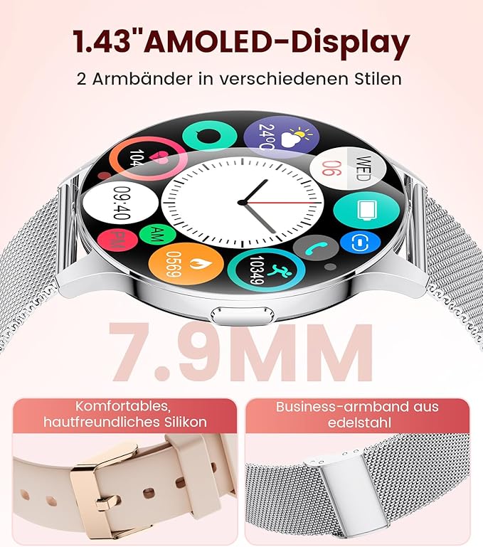 LIGE Smart Watch for Women, 1.43" AMOLED Screen Smartwatch with Answer/Make Call for iPhone/Android/Samsung,Fitness Tracker with 120+ Sport Modes, Sleep/Health Monitor, IP68 Waterproof,2 Bands,Silver