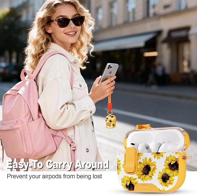 for AirPods Pro 3 Case(2025) with Secure Lock Clip and Phone Stand,Floral Girly Style Protective Cover with Cleaning Kit and Hand Strap for Apple AirPod Pro 3 Generation (Yellow Sunflower)
