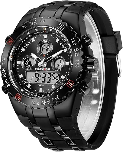 GOLDEN HOUR Luxury Military Sports Men's Watches Large Size Big Face 3ATM Waterproof, Stopwatch, Date and Date, Alarm, Luminous Digital Analog Wrist Watch with Rubber Band