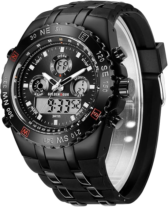 GOLDEN HOUR Luxury Military Sports Men's Watches Large Size Big Face 3ATM Waterproof, Stopwatch, Date and Date, Alarm, Luminous Digital Analog Wrist Watch with Rubber Band